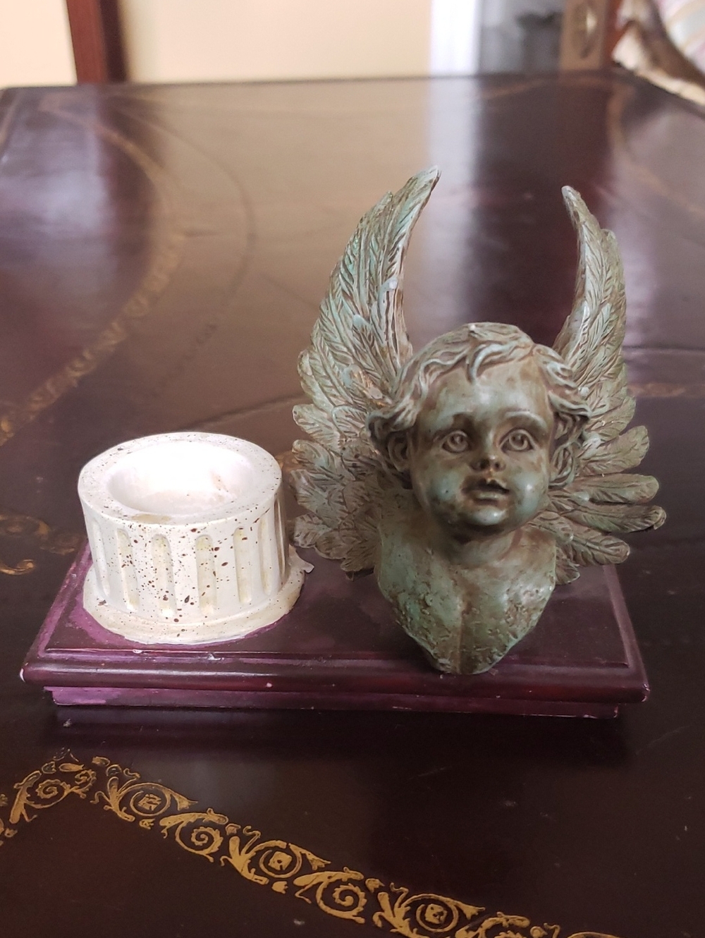 Vintage Patina Angel Figurine Candle Holder - Green and White